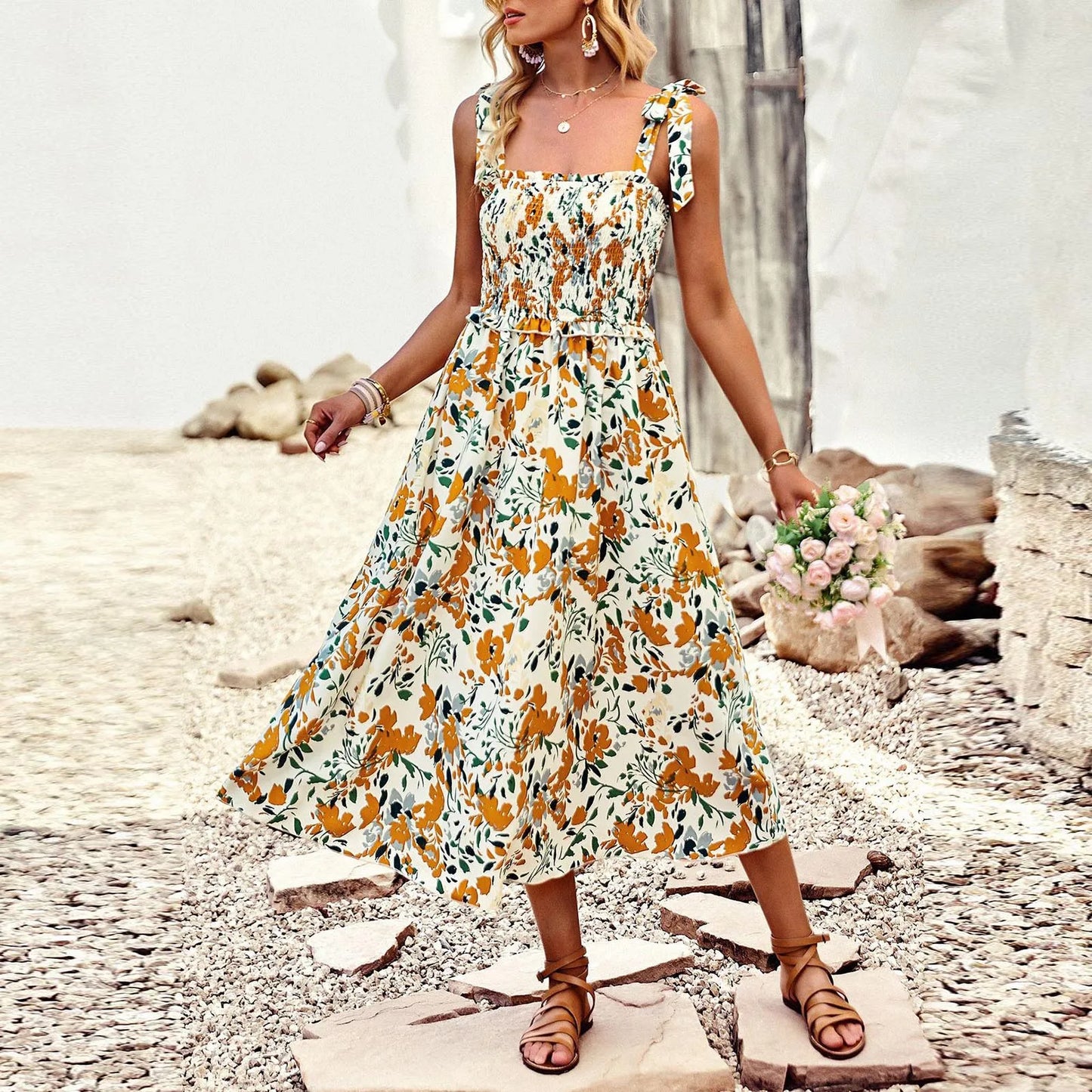 FashionSierra - Flowy Smocked Ruffle Floral Boho Maxi Backless Printed Dress