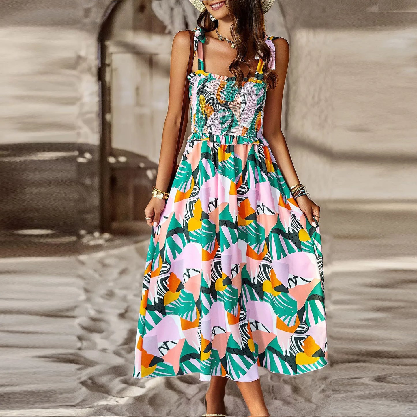 FashionSierra - Flowy Smocked Ruffle Floral Boho Maxi Backless Printed Dress