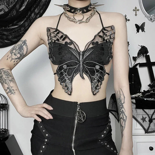 Gothic Butterfly-Shape Sexy Black Halter Strappy Backless Crop Top