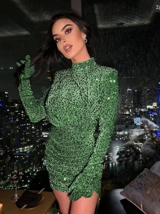 Green Velvet Sequin Bodycon Turtleneck Mini Dress for Christmas Party