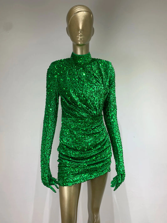 Green Velvet Sequin Bodycon Turtleneck Mini Dress for Christmas Party