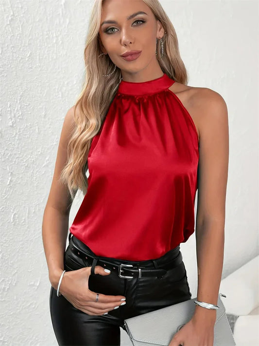 Summer Casual Sleeveless Halter Collar Solid Color Women's Blouse