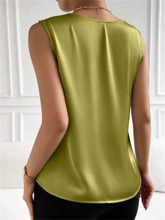 FashionSierra - Summer Casual Color Sleeveless V-Neck Satin Fabric Blouse