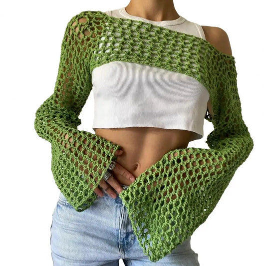 Women Sweater Cover Up Top Stylish Crochet Knit Hollow Out Blouse