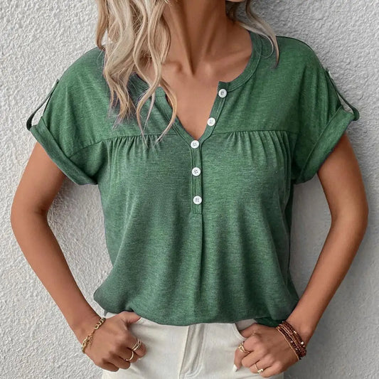 Women T-shirt Summer V Neck Solid Color Short Sleeve Pullover Blouse