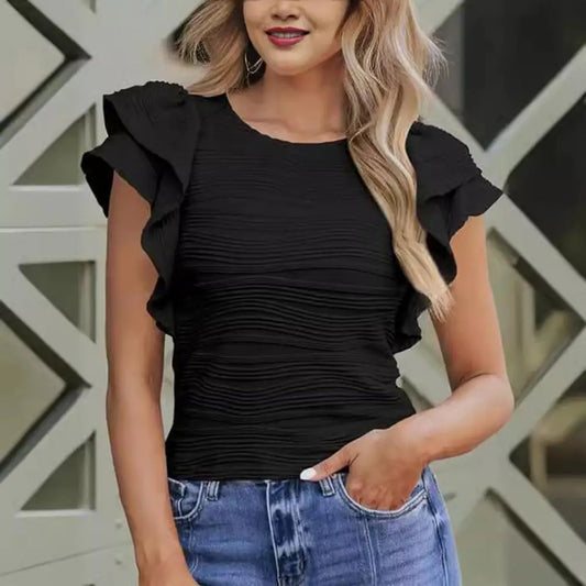 Women T-shirt O-neck Short Sleeve Solid Color Slim Fit Pleated Blouse