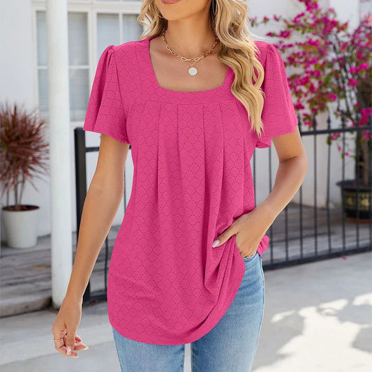 Square Pleated Short Sleeve Women's Casual Summer Street Outfit Blouse