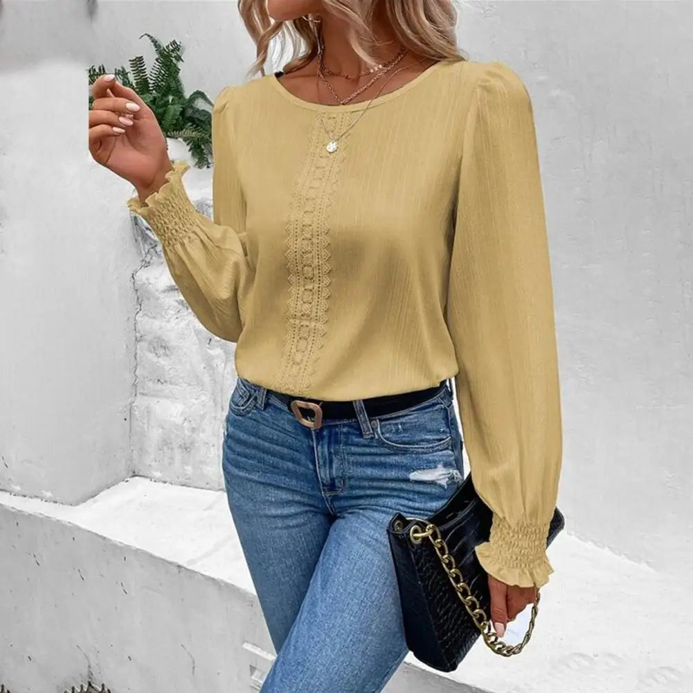 Women Shirring Cuff Round Neck Lace Patchwork Long Sleeve Blouse