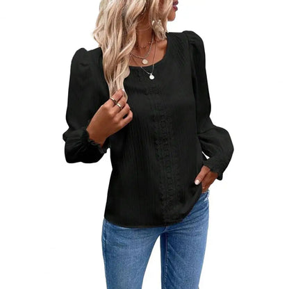 Women Shirring Cuff Round Neck Lace Patchwork Long Sleeve Blouse