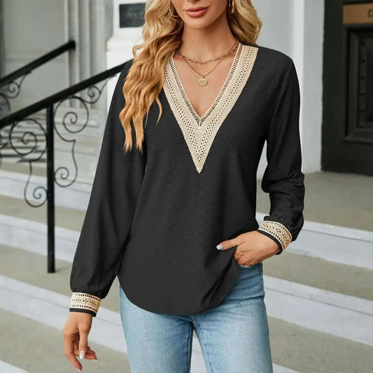 Women V Neck Hollow Out Color Matching Patchwork Long Sleeve Blouse