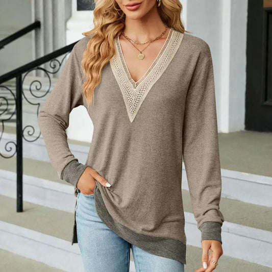 Women V Neck Patchwork Color Matching Hollow Out Mid Length Blouse