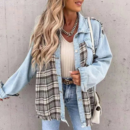 Spring Tops Outwear Mujer Vintage Fashion Plaid Print Patchwork Denim Coat