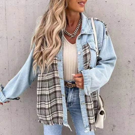 Spring Tops Outwear Mujer Vintage Fashion Plaid Print Patchwork Denim Coat