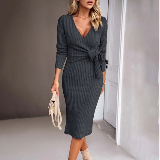 FashionSierra - Women V Neck Crossover Long Sleeved Solid Color High Waist Lace-Up Elegant Knitted Office Lady Commuter Wear Dress