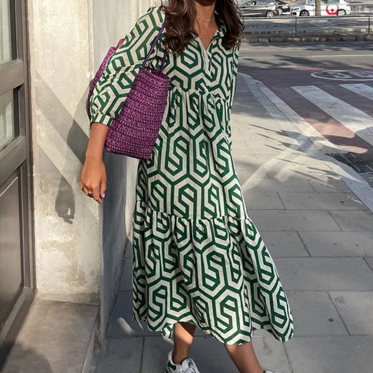 FashionSierra - 2025 Vintage Print Turn-down Collar Long Sleeve Maxi Boho Dress