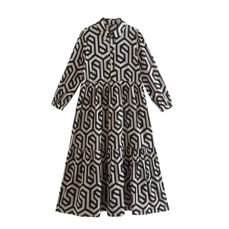 FashionSierra - 2024 Vintage Print Turn-down Collar Long Sleeve Maxi Boho Dress