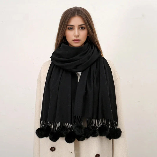 Rabbit Fur Ball Cashmere Pompom Oversize Blanket Scarf for Women