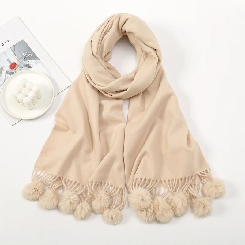 Rabbit Fur Ball Cashmere Pompom Oversize Blanket Scarf For Women Light Khaki Scarfs-L