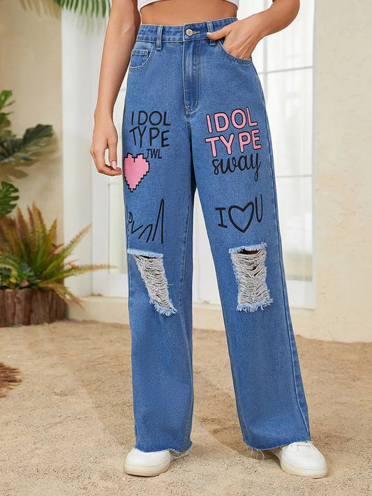 FashionSierra - Ripped Graffiti Punk Street Heart Trouser