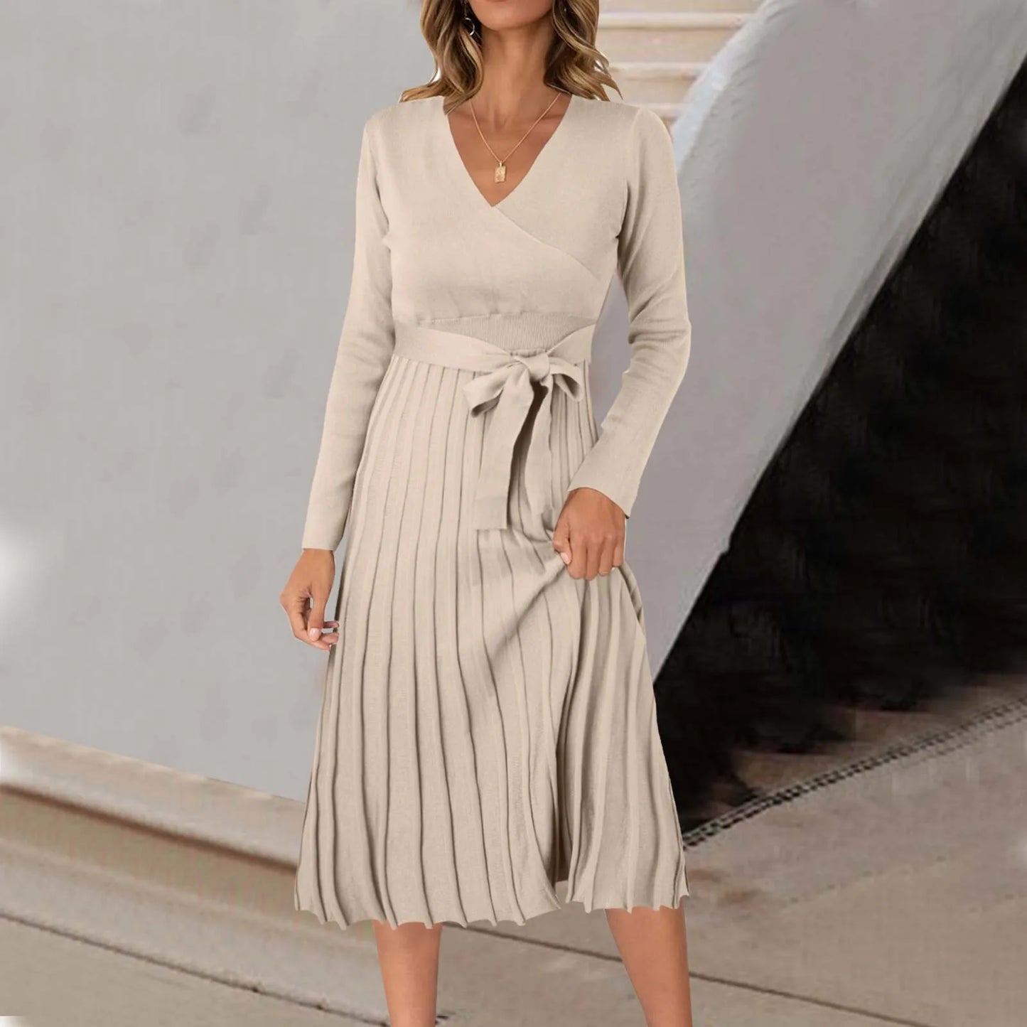 FashionSierra - Women Wrap V Neck Sweater Solid Color Long Sleeve Pleated Midi With Belt Autumn Ladies Pleated Dress For Work