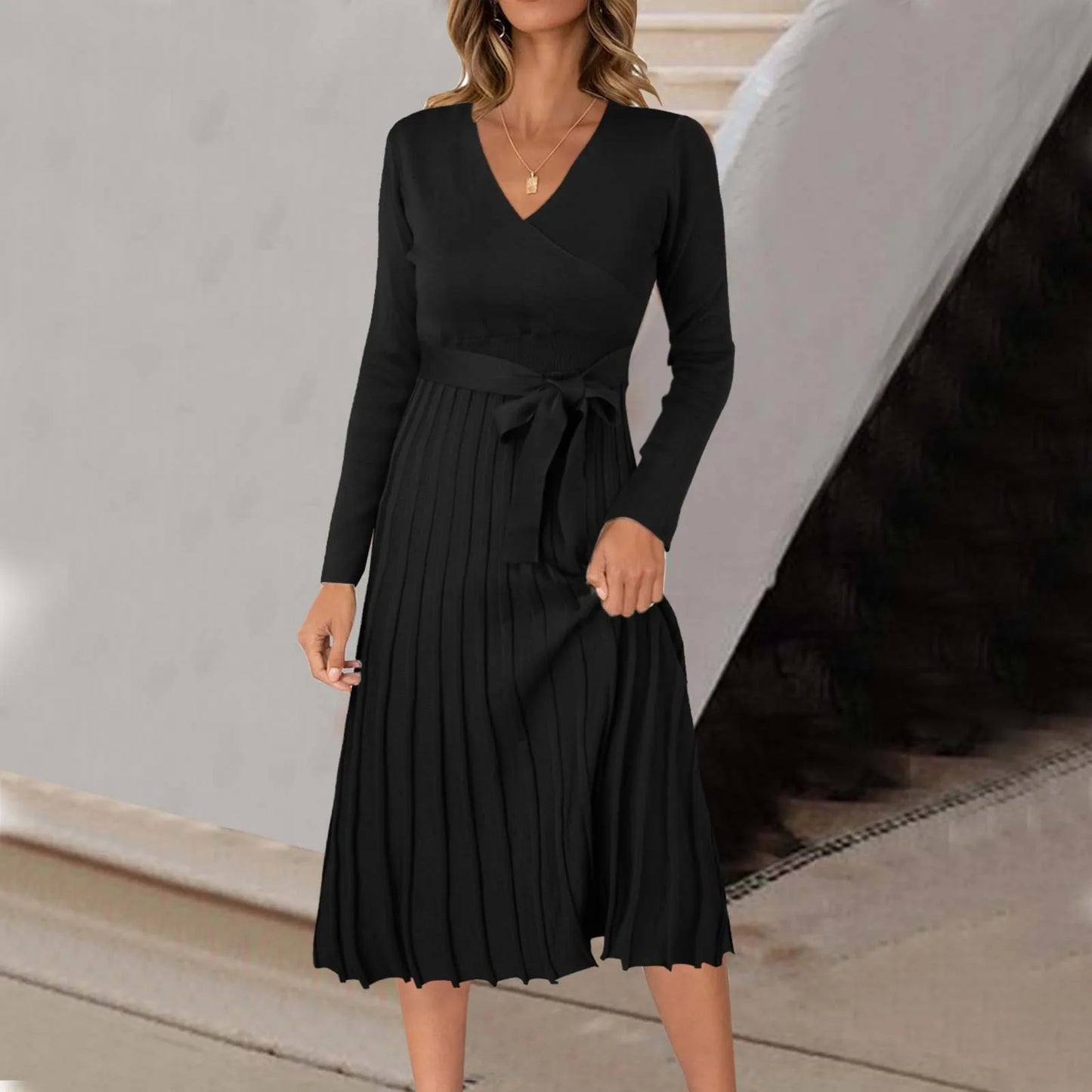 FashionSierra - Women Wrap V Neck Sweater Solid Color Long Sleeve Pleated Midi With Belt Autumn Ladies Pleated Dress For Work