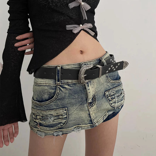 Vintage PU Leather Star-buckled Mini Skirt Bottom