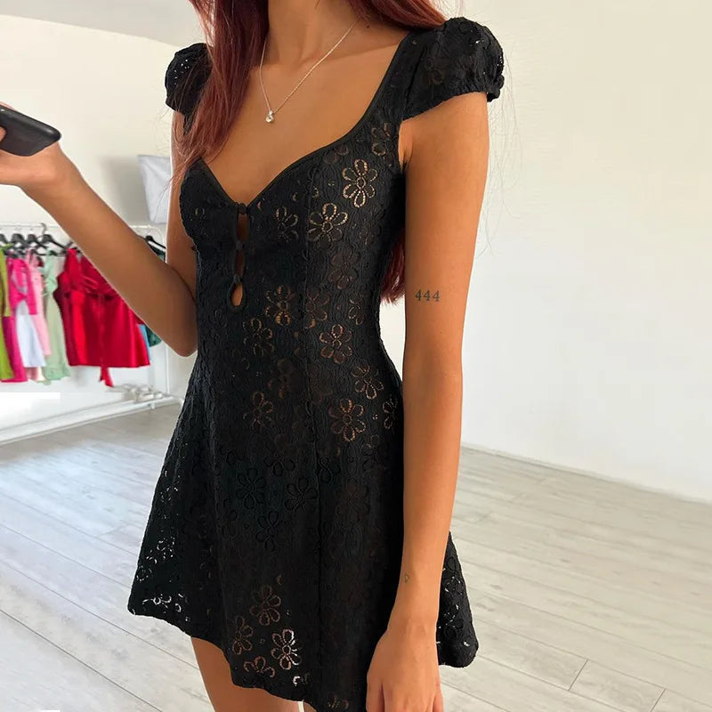 FashionSierra - Lace Trim Mini Dress Spaghetti Strap Backless Short Bodycon Lace Dress