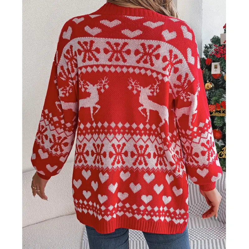 Christmas Deer Pocket Long Sleeve Cardigan Cardigan-241208
