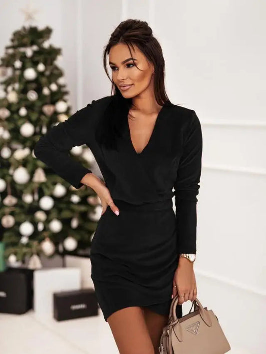 Velvet V-Neck Pullover Christmas Party Dress for Autumn Winter Commuting