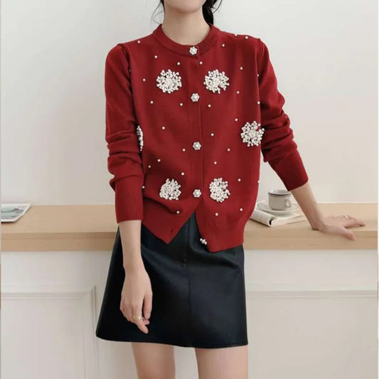 Diamonds Pearl Floral Slim O-Neck Cardigan Red / S Cardigan-241208