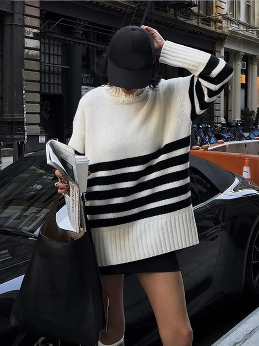 Women's Contrast Stripe Knitted Pullover Elegant Turtleneck Long Sleeve Sweater