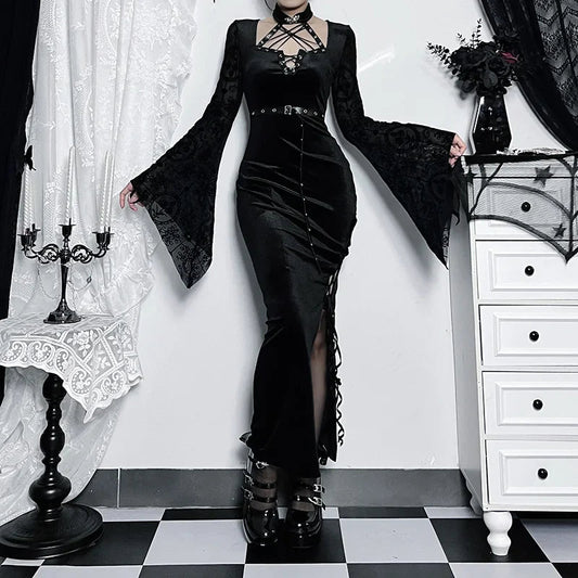 Thin Suede Separated Flared Full-Length Dress Black / S