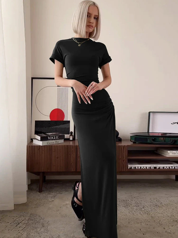 FashionSierra - Women's O Neck Short Sleeve Slim High Waist Shirring Sexy Side Slit Evening Club Bodycon Lady Casual Dress