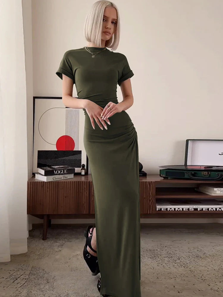 FashionSierra - Women's O Neck Short Sleeve Slim High Waist Shirring Sexy Side Slit Evening Club Bodycon Lady Casual Dress