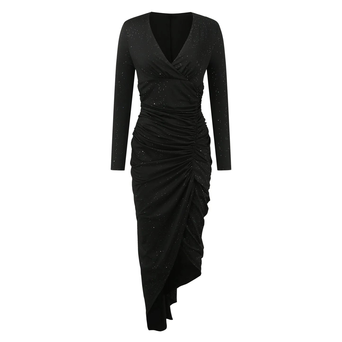 FashionSierra - Solid Color Long Sleeve High Slit Ruched Elegant Split Slim Maxi Dress