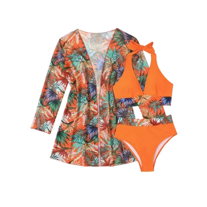 FashionSierra - Sexy Netted Three-piece Gathered Split Printed Board Shorts Bikini Sets