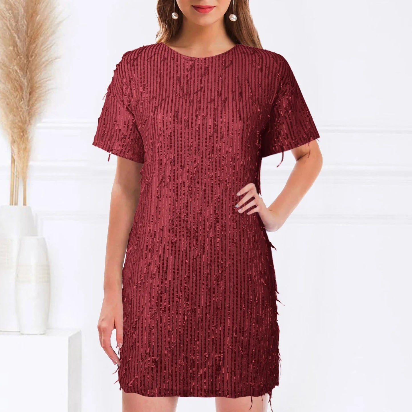 FashionSierra - Women's Fringed Sequin Loose Short Sleeve Mini Solid Color Round Neck Casual 2024 Summer New Women Party Dress