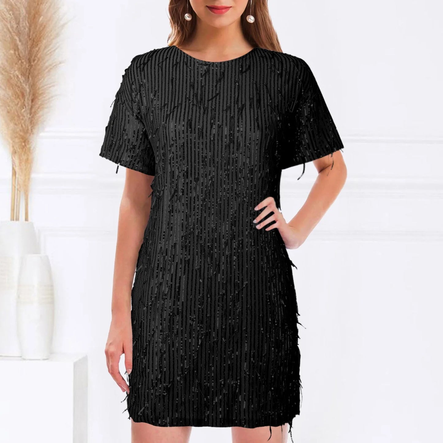 FashionSierra - Women's Fringed Sequin Loose Short Sleeve Mini Solid Color Round Neck Casual 2024 Summer New Women Party Dress
