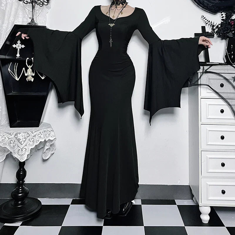 Slim Gothic Fall Daily Comfort Maxi Dress Black / XS
