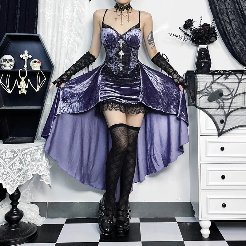Violet Velvet Suspenders Sleek Mid-Length Dress PURPLE / S