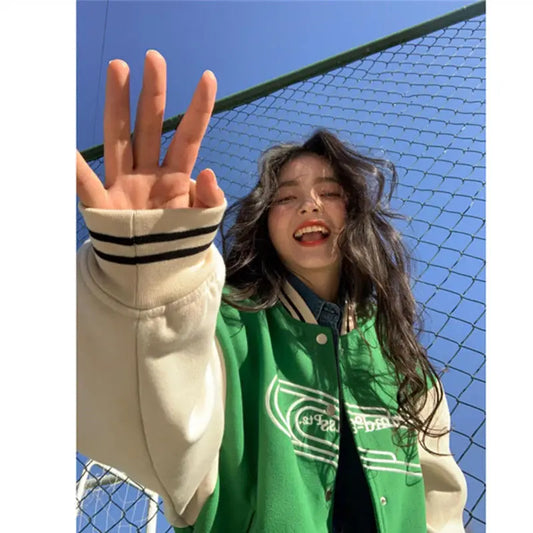 Women's Letter Embroidery Baseball Jacket Block Vintage Harajuku 2025 Spring Oversized V-Neck Streetwear Coat