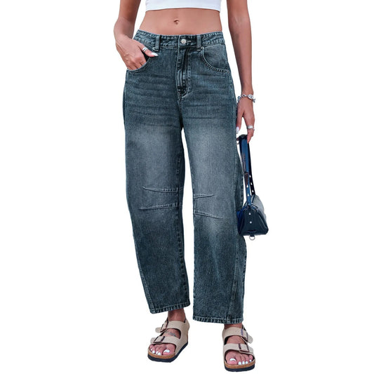 FashionSierra High Waisted Harem Boyfriend Straight Denims Curve Blue Trouser