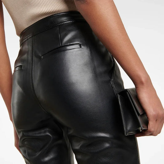 Women's Mid Waist Faux Leather Casual  PU Elastic Waistband Bottom