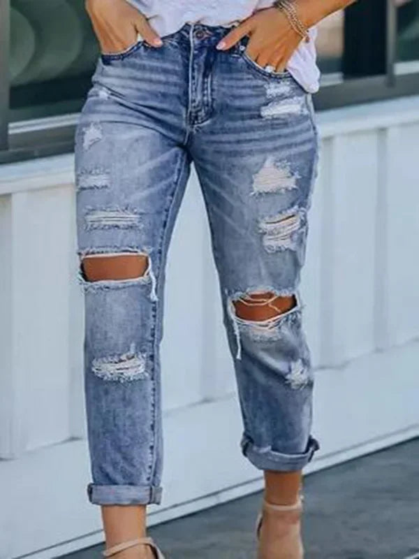 Women's Ripped With Elastic Waist Loose Versatile Spring Summer Thin Style Jeans