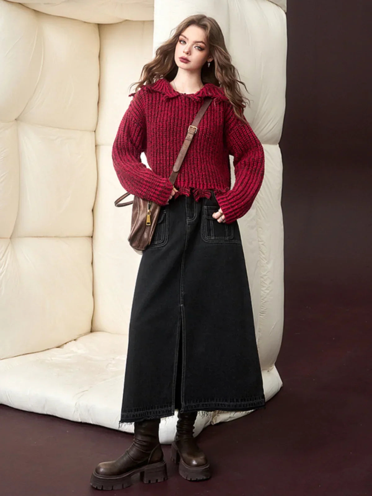 Vintage Harajuku Aesthetic Elegant Long Sleeves Red Pullover Christmas Sweater Sweaters-L