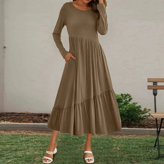 FashionSierra - Round Neck Long Sleeve Solid Casual Flowing Layered Summer Dress
