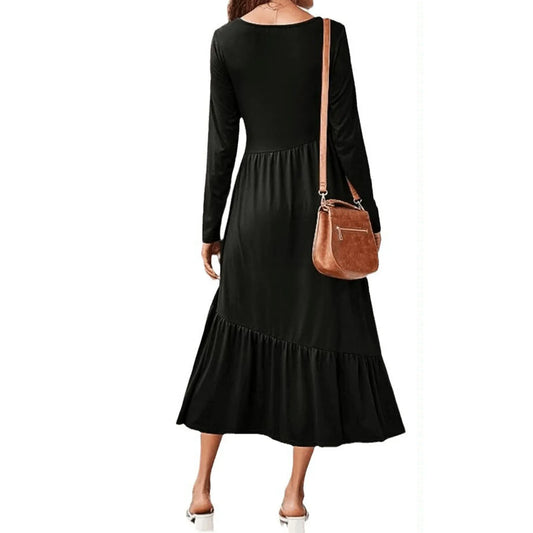 FashionSierra - Round Neck Long Sleeve Solid Casual Flowing Layered Summer Dress