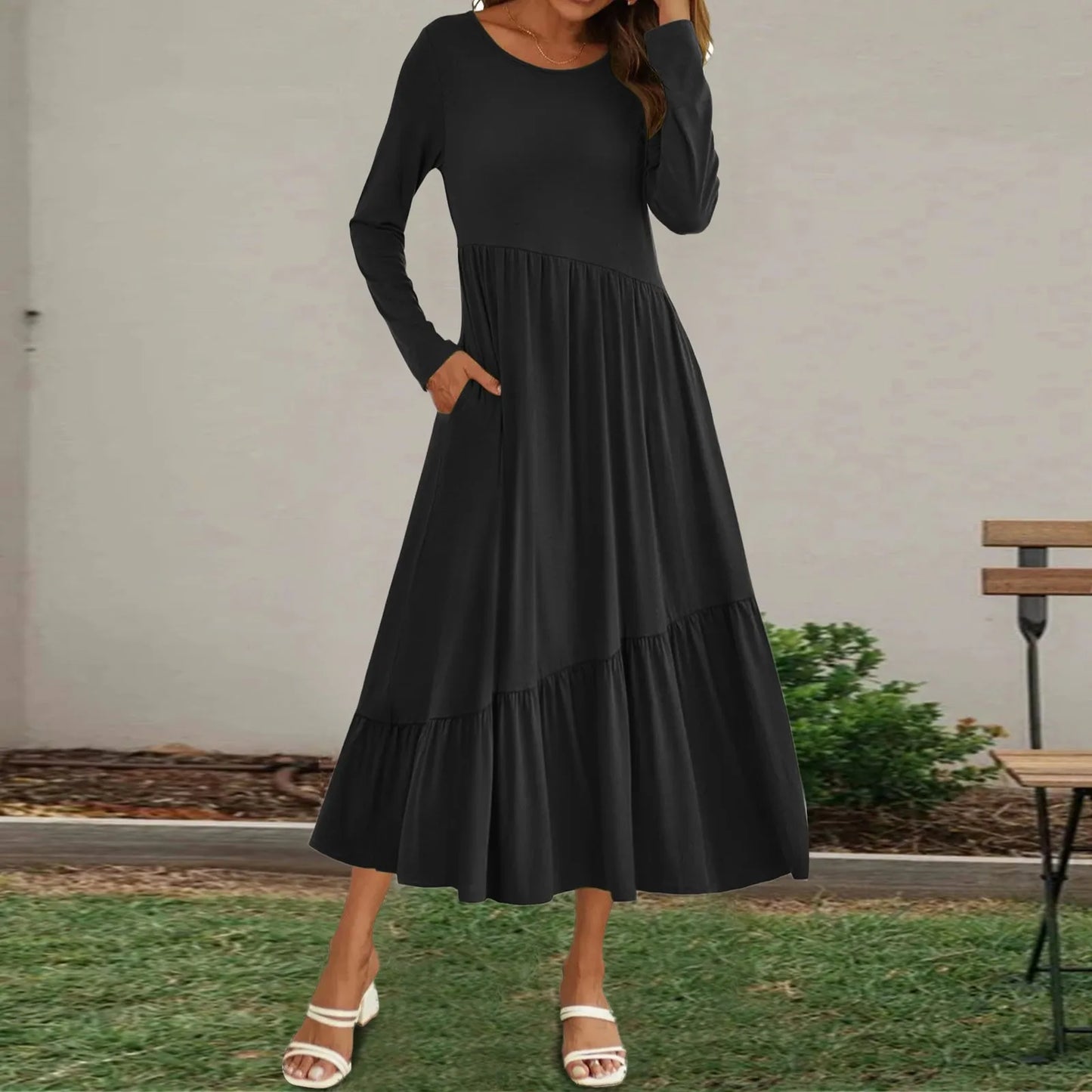 FashionSierra - Round Neck Long Sleeve Solid Casual Flowing Layered Summer Dress