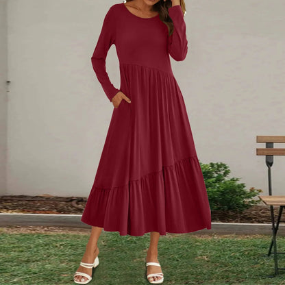 FashionSierra - Round Neck Long Sleeve Solid Casual Flowing Layered Summer Dress