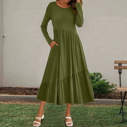 FashionSierra - Round Neck Long Sleeve Solid Casual Flowing Layered Summer Dress